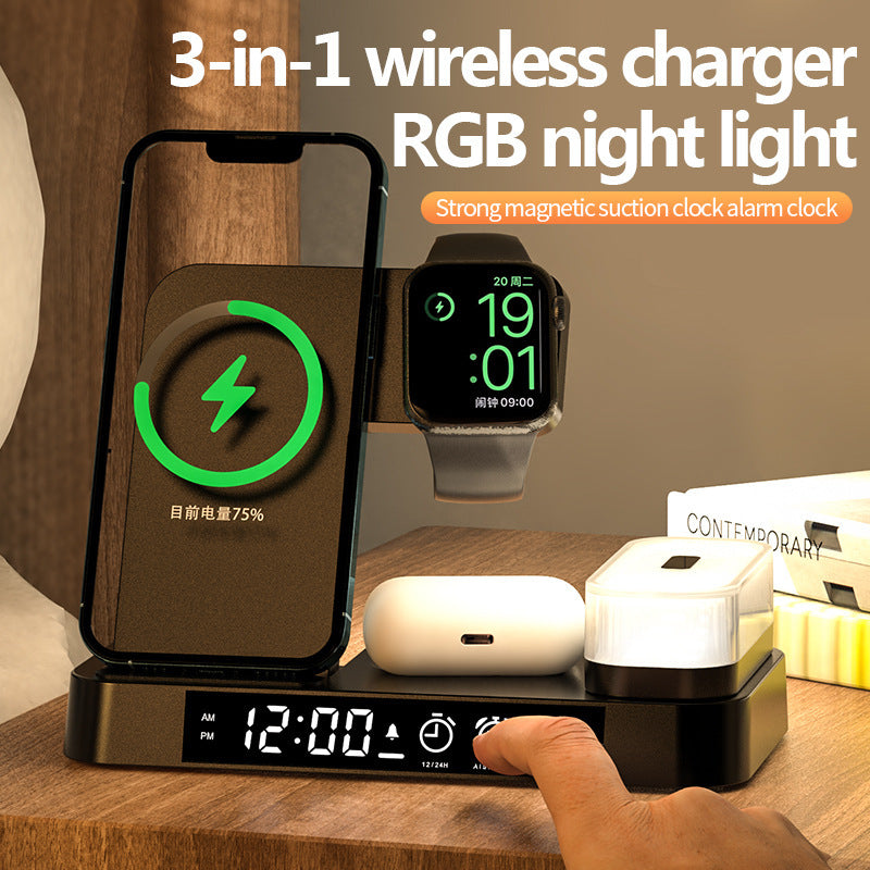 4-in-1 Wireless Charging Station with Alarm Clock & RGB Night Light – Fast Charger for iPhone, AirPods & Apple Watch