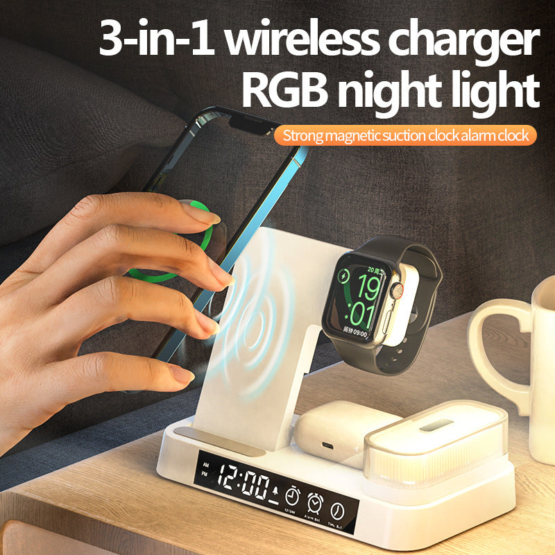4-in-1 Wireless Charging Station with Alarm Clock & RGB Night Light – Fast Charger for iPhone, AirPods & Apple Watch