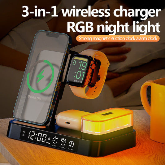 4-in-1 Wireless Charging Station with Alarm Clock & RGB Night Light – Fast Charger for iPhone, AirPods & Apple Watch