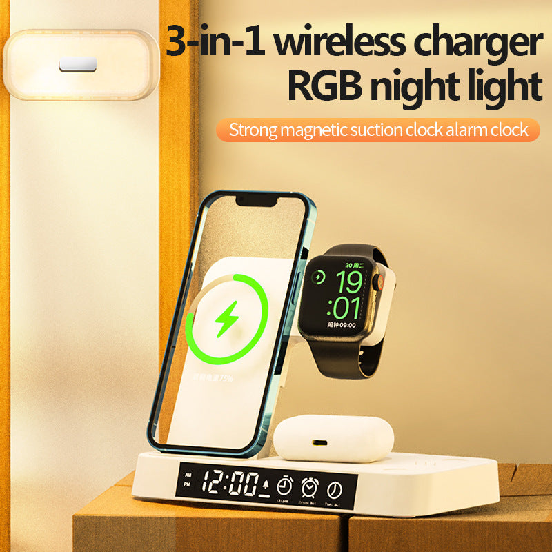 4-in-1 Wireless Charging Station with Alarm Clock & RGB Night Light – Fast Charger for iPhone, AirPods & Apple Watch