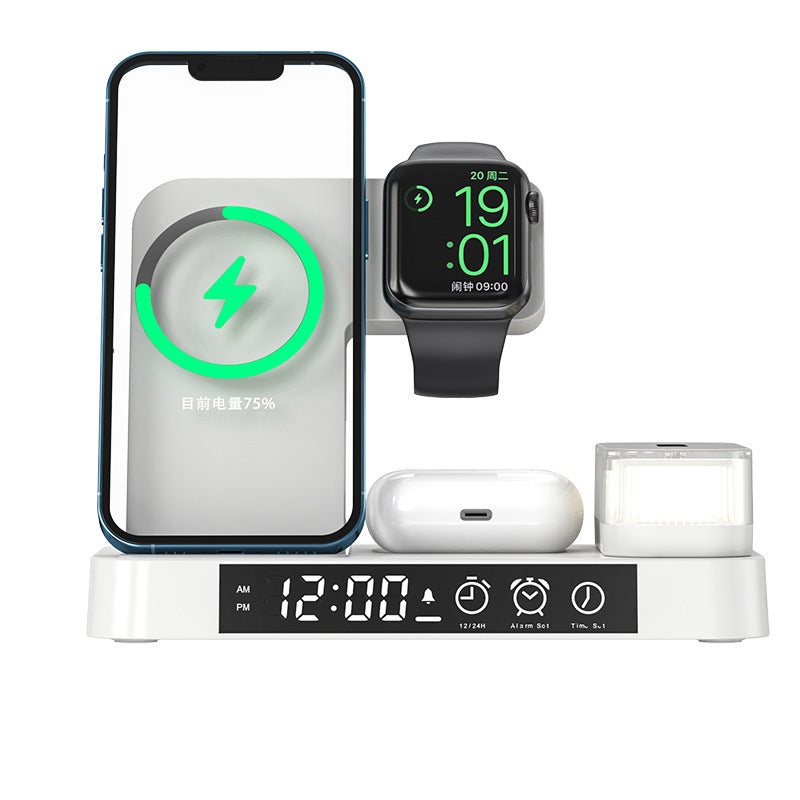 4-in-1 Wireless Charging Station with Alarm Clock & RGB Night Light – Fast Charger for iPhone, AirPods & Apple Watch